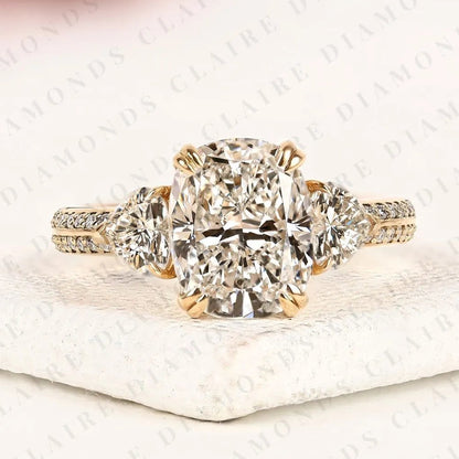 Cushion Cut Three Stone Moissanite Diamond Engagement Ring Trillion Side Stone Diamond Ring Split Shank Pave Ring