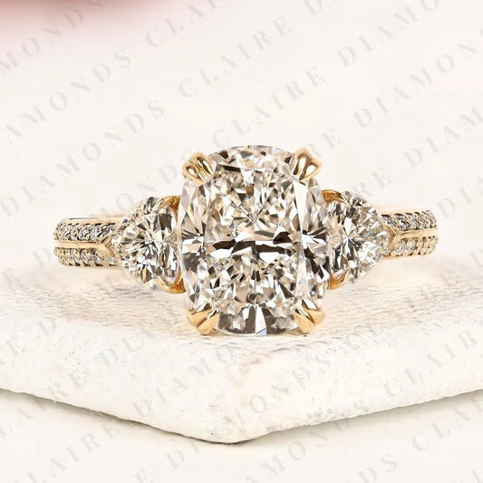 Cushion Cut Three Stone Lab Grown Diamond Engagement Ring Trillion Side Stone Diamond Ring Split Shank Pave Ring