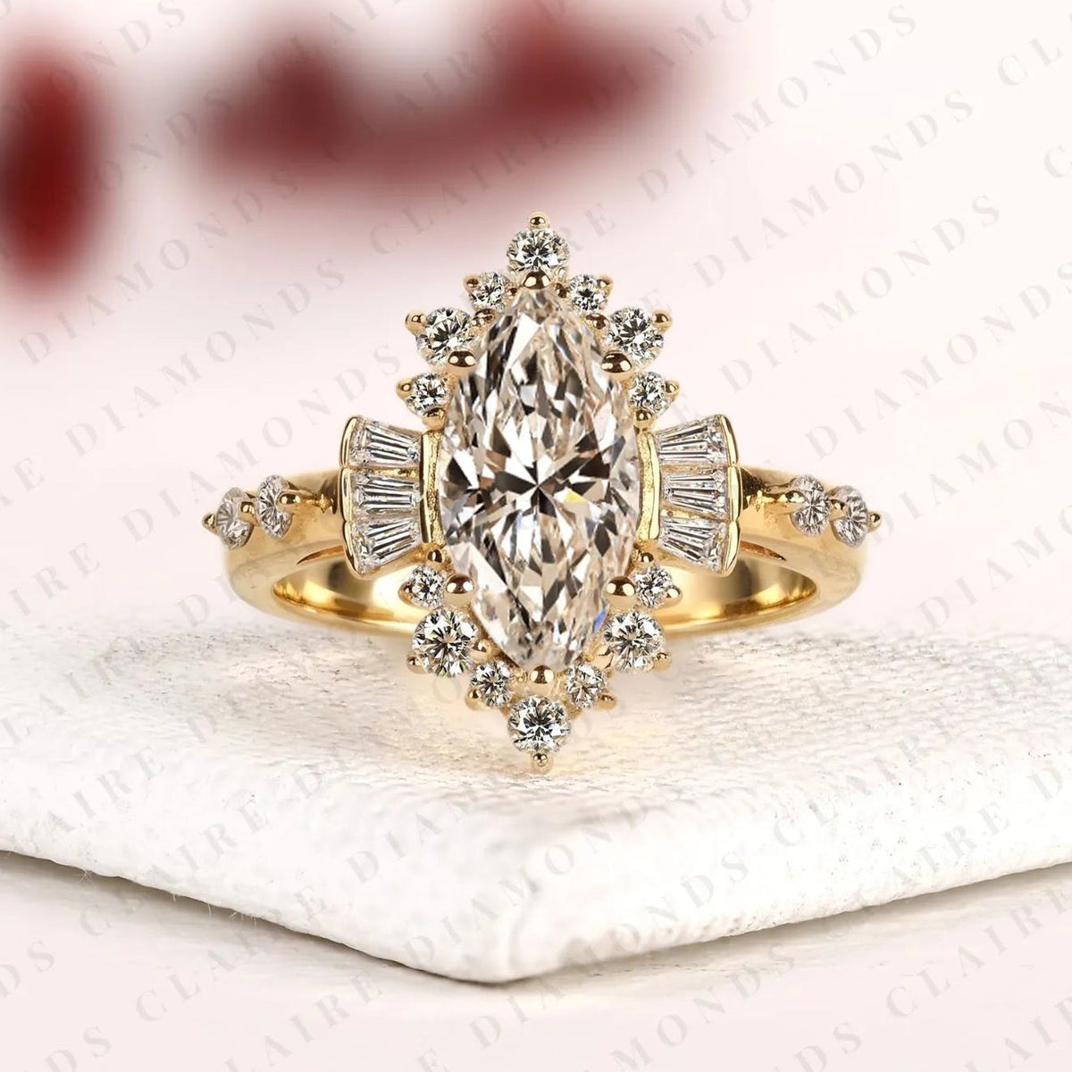 marquise cut moissanite diamond engagement ring floral halo with baguette accents yellow gold vintage inspired bridal ring