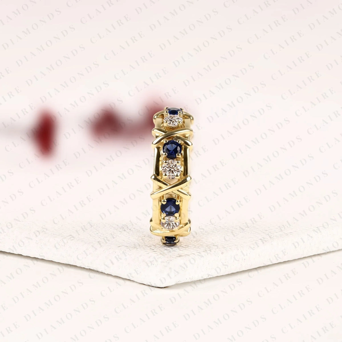 2.10 tcw round lab grown diamond band with blue sapphire accents unique gold eternity wedding ring vintage inspired stackable band for women