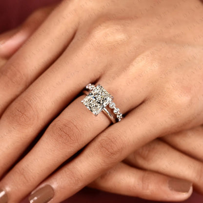 Radiant Cut Lab Grown Diamond Engagement Ring with White Gold Pavé Band | Elongated Radiant Center Stone Modern Classic Bridal Ring Set