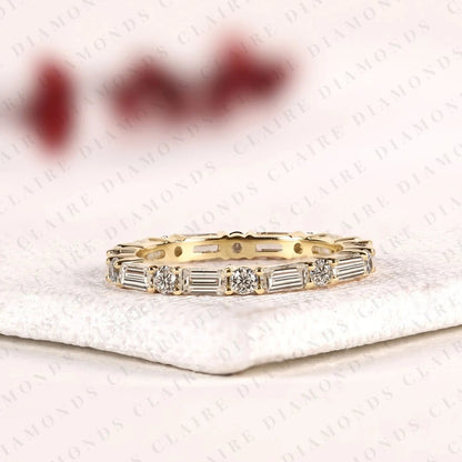 1.50 TCW Baguette & Round Lab Grown Diamond Eternity Band in Gold - Stackable Wedding Band.