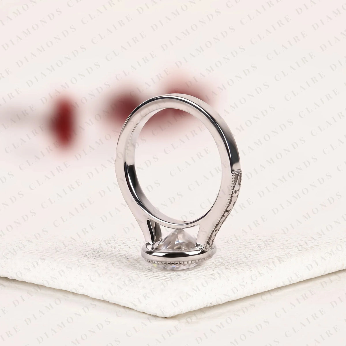 oval cut lab grown diamond engagement ring vintage milgrain bezel setting white gold engraved band elegant solitaire bridal jewelry