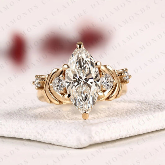 Marquise Cut Lab Grown Diamond Engagement Ring With Round Side Stone Diamonds, Vintage Rings Art Deco Vintage Gold Ring Nature Inspired Promise Ring Anniversary Gift for Her.