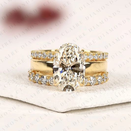 Oval Cut Lab Grown Diamond Bridal Set Hidden Halo Engagement Ring with Matching Wedding Band Yellow Gold Oval Ring Pave Diamond Bridal Ring Set IGI Certified Wedding Jewelry
