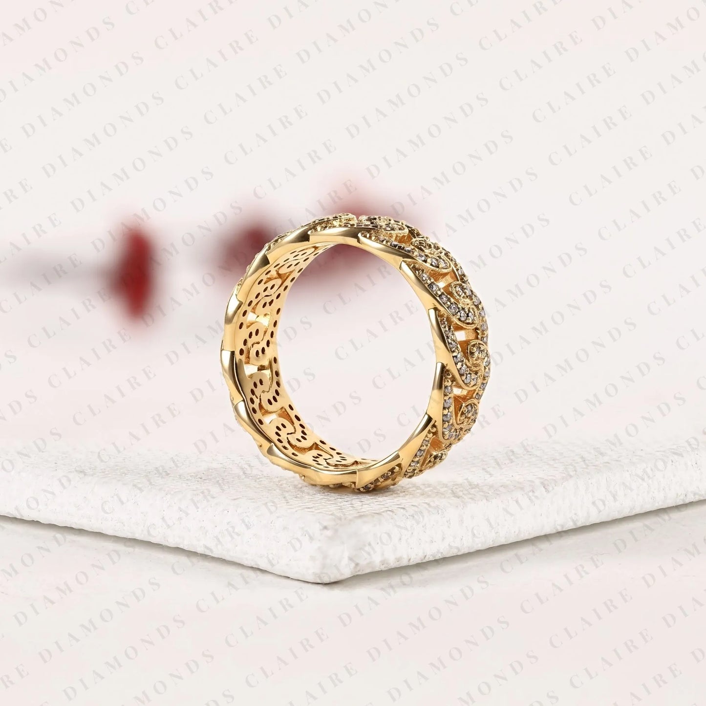 0.67 tcw round lab grown diamond band gold scroll design wedding band intricate diamond anniversary band