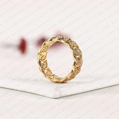 0.67 TCW Round Lab Grown Diamond Band Gold Scroll Design Wedding Band Intricate Diamond Anniversary Band