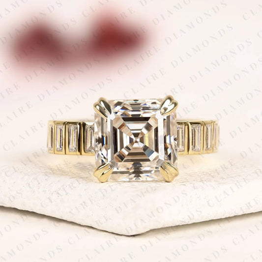 Asscher Cut Lab Diamond Engagement Ring with Baguette Accent Band In Gold.