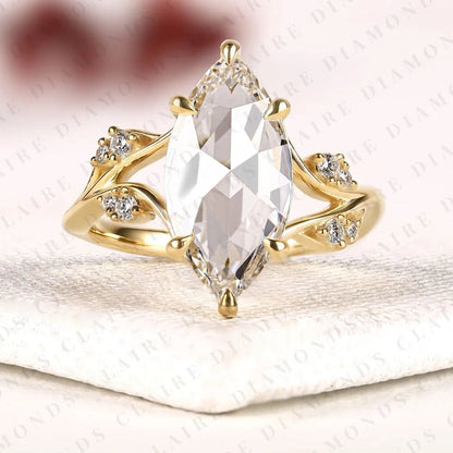 Rose Cut Marquise Lab Grown Diamond Ring, Nature Inspired Leaf Engagement Ring, Unique Ring