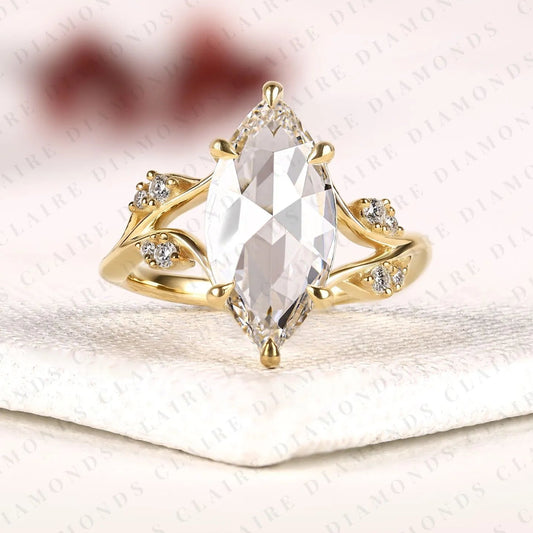 Rose Cut Marquise Lab Grown Diamond Ring, Nature Inspired Leaf Engagement Ring, Unique Ring