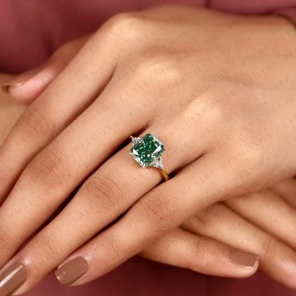 Radiant Cut Green Lab Grown Diamond Engagement Ring  Three Stone Ring with Trillion Diamond Accents Luxury Bridal Jewelry