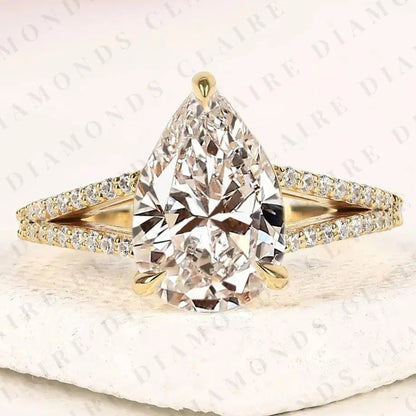 Pear Cut Lab Grown Diamond Engagement Ring Split Shank Pave Diamond Ring Bridal Ring