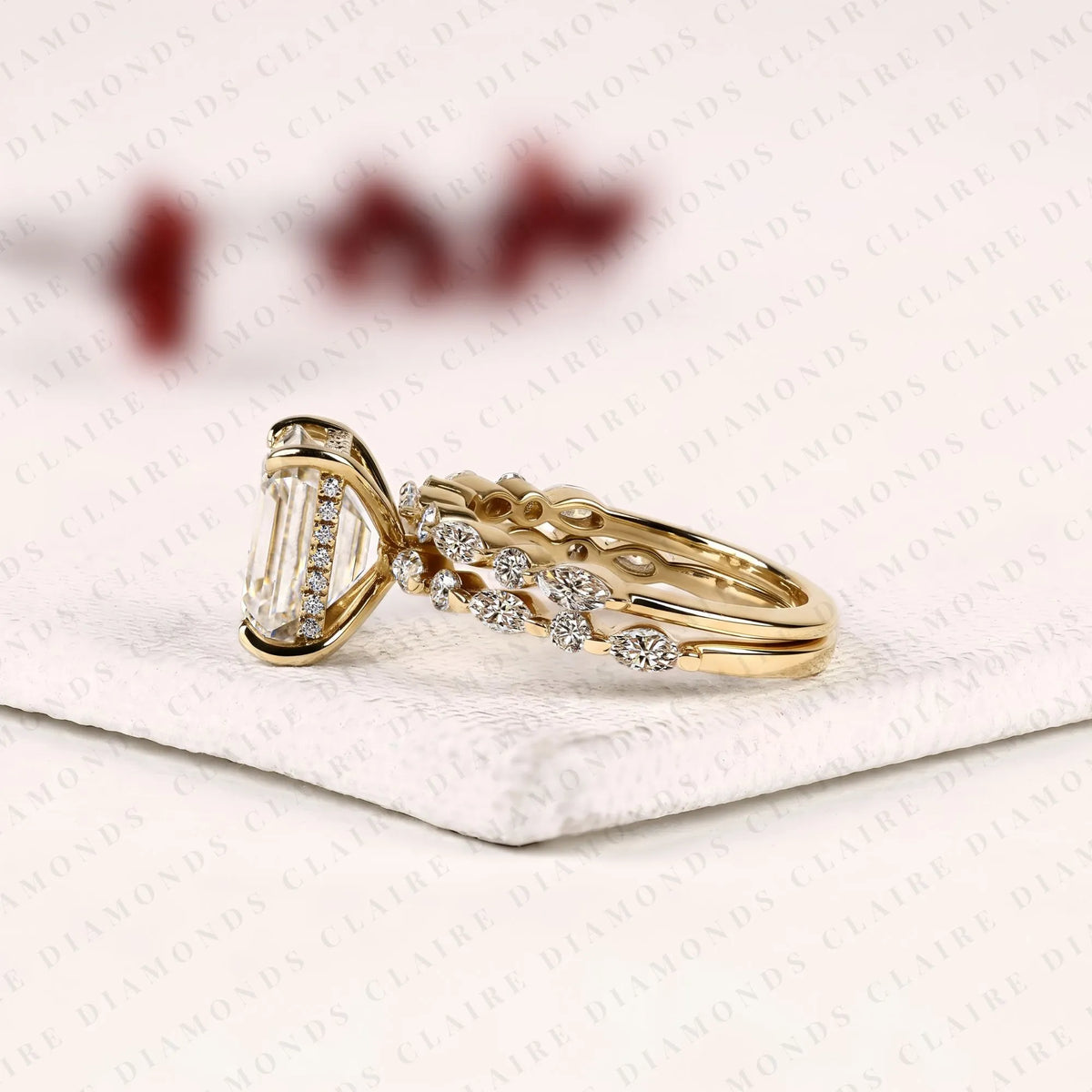 emerald cut lab grown diamond engagement ring bridal set ring with pavé diamond band modern unique bridal jewelry