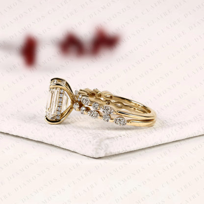 Emerald Cut Lab Grown Diamond Engagement Ring Bridal Set Ring with Pavé Diamond Band Modern Unique Bridal Jewelry