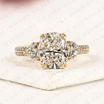 Cushion Cut Three Stone Moissanite Diamond Engagement Ring Heart Side Stone Diamond Ring Pave Ring