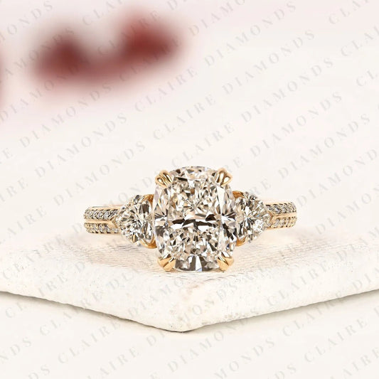 Cushion Cut Three Stone Moissanite Diamond Engagement Ring Trillion Side Stone Diamond Ring Split Shank Pave Ring