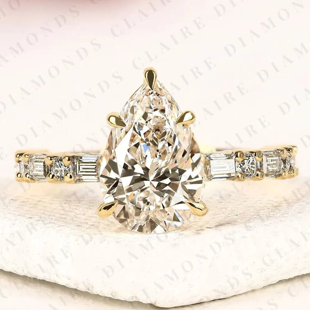 pear cut moissanite diamond engagement ring baguette & round accent diamond band bridal ring  elegant wedding ring