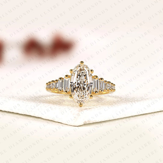 Moval Step Cut Lab Grown Diamond Antique Engagement Ring in Yellow Gold Vintage Baguette Accent Ring