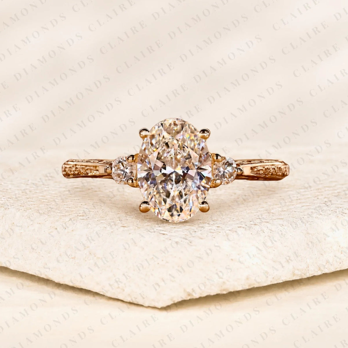 Oval Cut Lab Grown Diamond Ring Vintage Inspired Three Stone Engagement Ring with Side Diamonds Timeless Jewelry