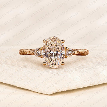 Oval Cut Lab Grown Diamond Ring Vintage Inspired Three Stone Engagement Ring with Side Diamonds Timeless Jewelry