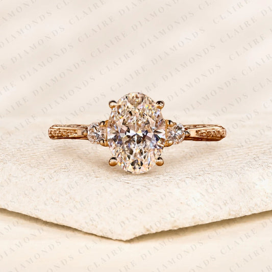 Oval Cut Lab Grown Diamond Ring Vintage Inspired Three Stone Engagement Ring with Side Diamonds Timeless Jewelry