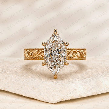 Dutch Marquise Cut Lab Grown Diamond Engagement Solitaire Ring Vintage Engraved Gold Band Filigree Wedding Ring Luxury Bridal Jewelry