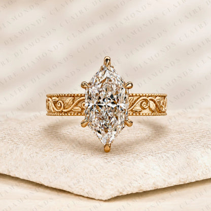 Dutch Marquise Cut Moissanite Diamond Engagement Solitaire Ring Vintage Engraved Gold Band Filigree Wedding Ring Luxury Bridal Jewelry