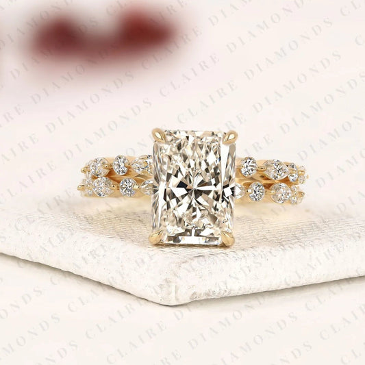 Designer Radiant Cut Moissanite Bridal Ring Set with Marquise and Round Diamond Accents