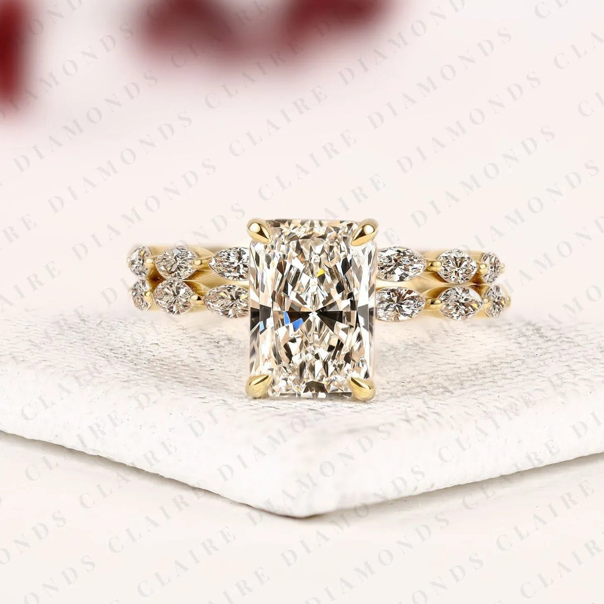 radiant cut lab grown diamond engagement ring set yellow gold double band with pavé side stones unique luxury bridal ring set