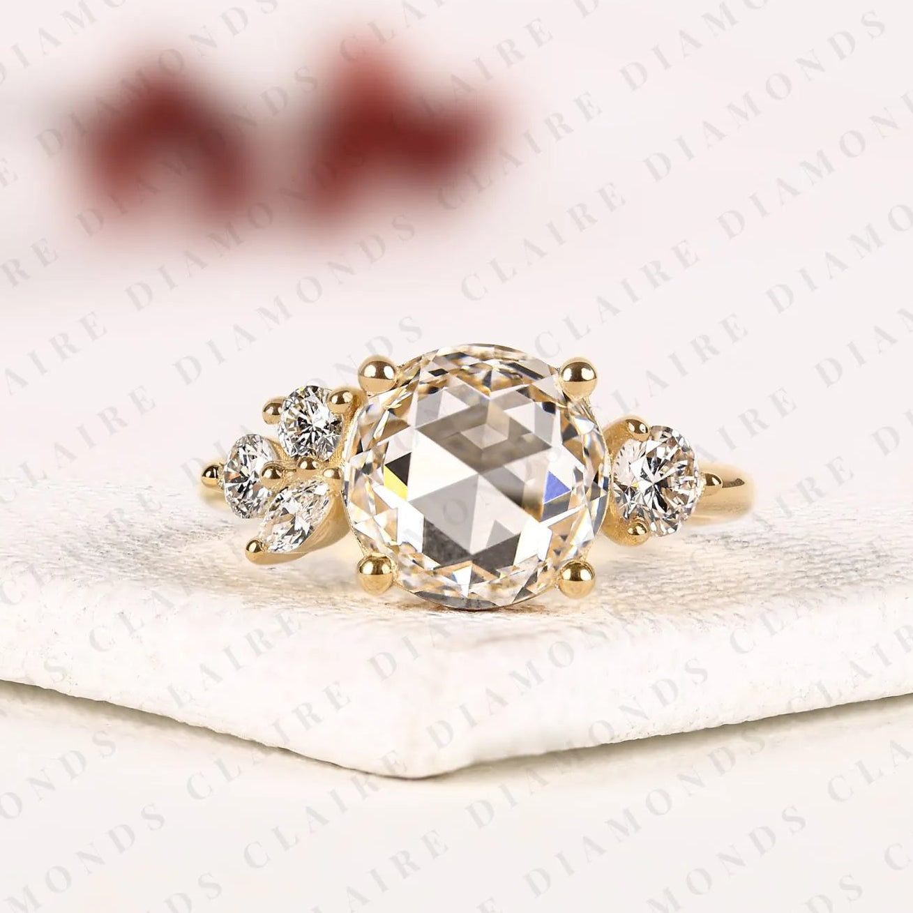 round rose cut lab grown diamond ring, unique engagement ring with round & marquise side stones, floral cluster gold ring