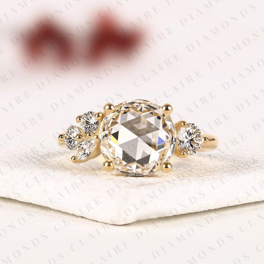 Round Rose Cut Lab Grown Diamond Ring, Unique Engagement Ring With Round & Marquise Side Stones, Floral Cluster Gold Ring