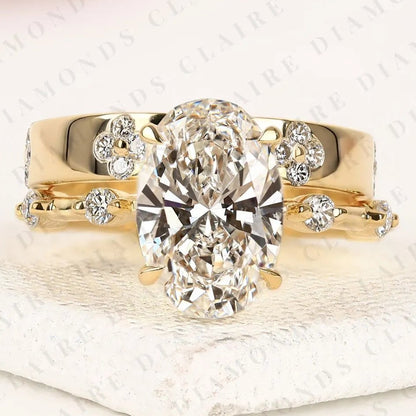 Oval Cut Moissanite Diamond Engagement Ring Set Floral Accent  Vintage Inspired Diamond Ring