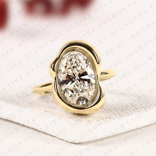 Oval Moissanite Diamond Organic Bezel Set Engagement Ring – Solitaire Ring for Women.