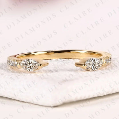 0.50TCW Open Gap Round Cut Moissanite Diamond Gold Ring With Marquise-Cut Diamond On The Ends, Minimalist Promise Ring, Adjustable Wedding Band for Women.