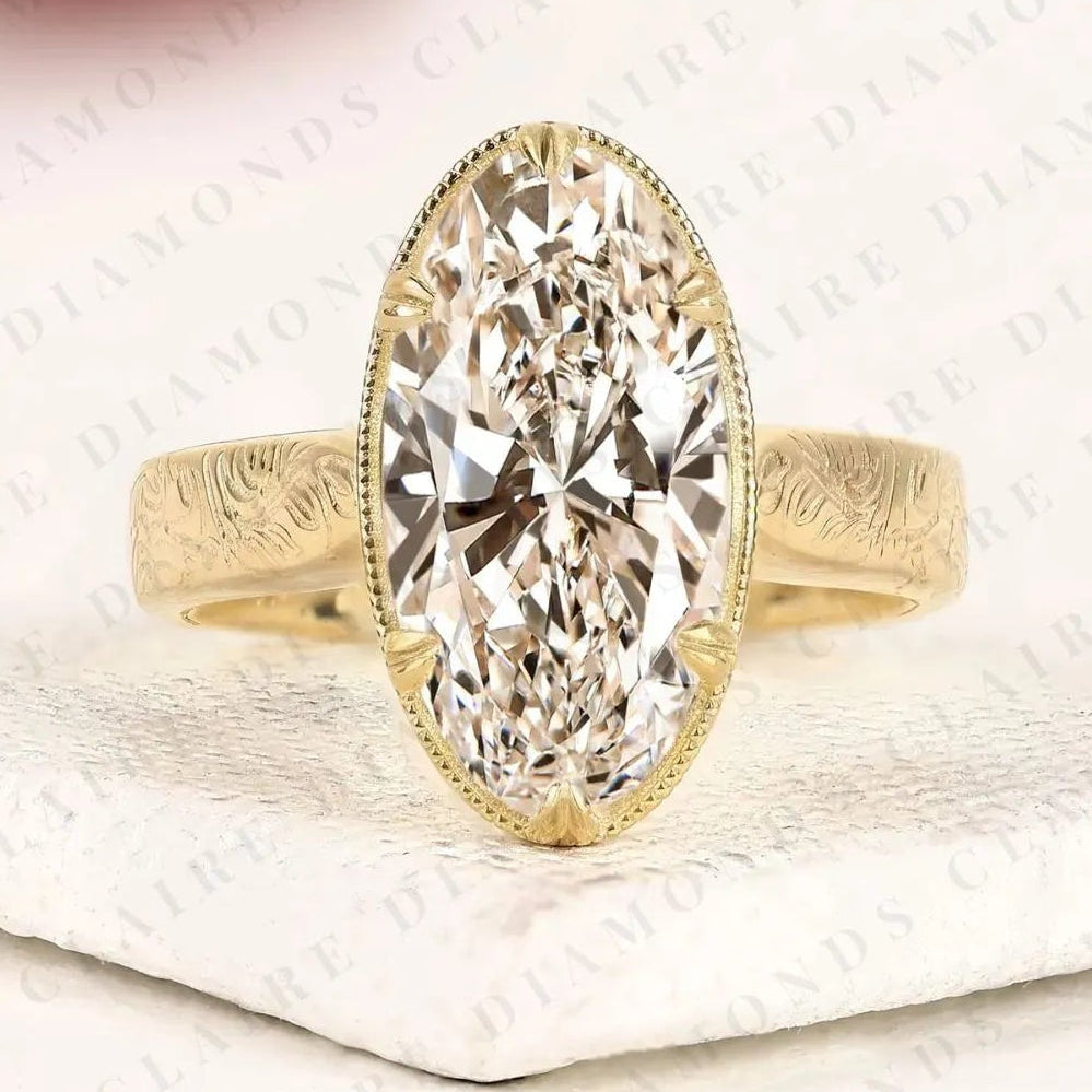 vintage long oval cut moissanite diamond engagement ring engraved  solitaire ring     milgrain bezel bridal ring antique inspired wedding ring