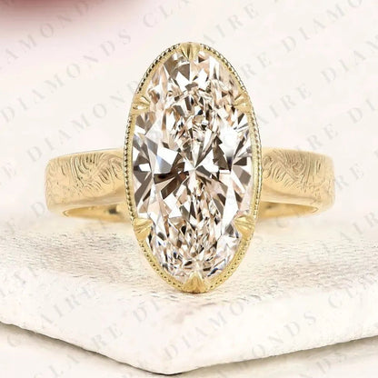 Vintage Long Oval Cut Moissanite Diamond Engagement Ring Engraved  Solitaire Ring     Milgrain Bezel Bridal Ring Antique Inspired Wedding Ring