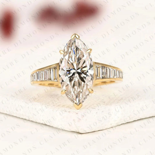 Designer Marquise Moissanite Diamond Engagement Ring with Channel Set Baguette Diamonds
