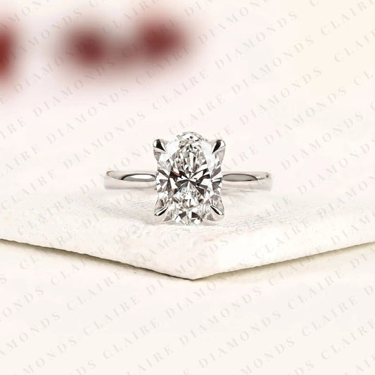 Oval Cut Lab Grown Diamond Solitaire Engagement Ring, Four Prong Hidden Tulip Setting, Minimalist White Gold Proposal Ring