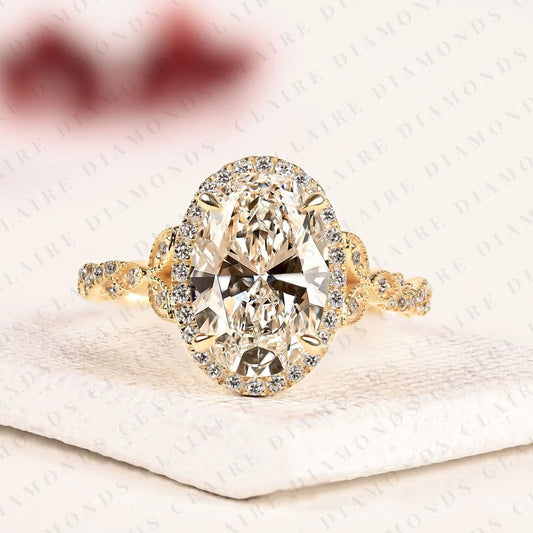 Oval Halo Lab Grown Diamond Engagement Ring in Solid Gold With Twisted Vintage Band IGI Certified Ring.