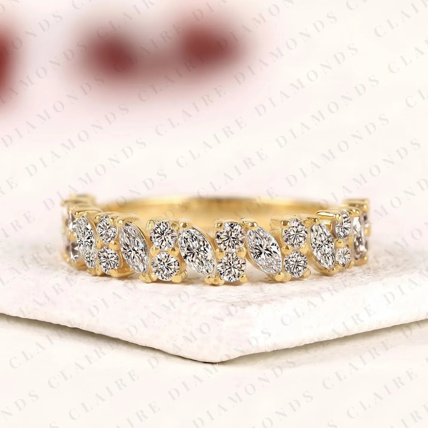 1.12 tcw marquise & round cut moissanite diamond half eternity wedding band yellow gold alternating band