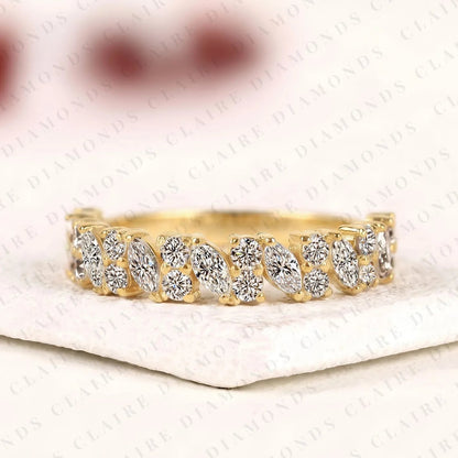 1.12 TCW Marquise & Round Cut Moissanite Diamond Half Eternity Wedding Band Yellow Gold Alternating Band