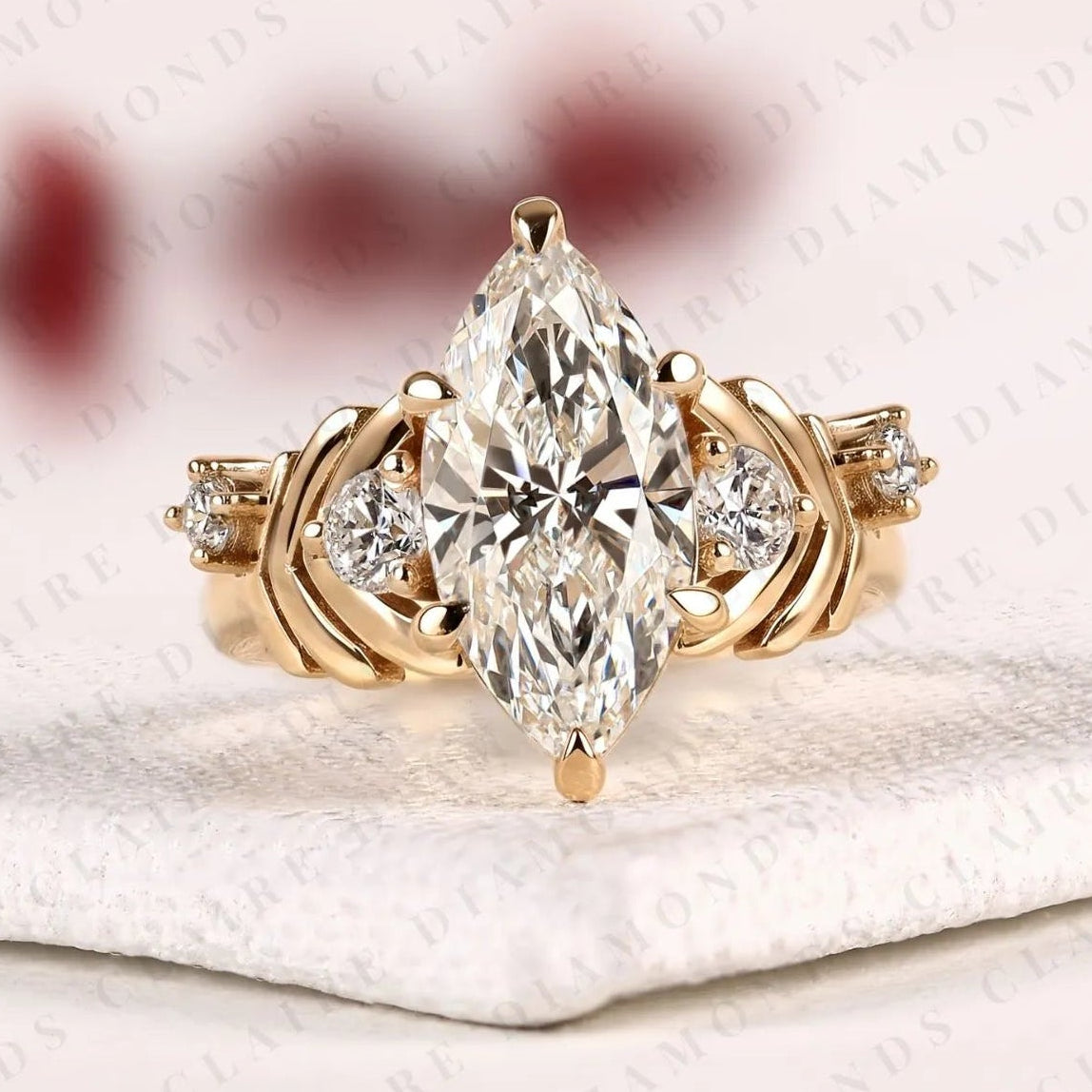 marquise cut lab grown diamond engagement ring with round side stone diamonds, vintage rings art deco vintage gold ring nature inspired promise ring anniversary gift for her.