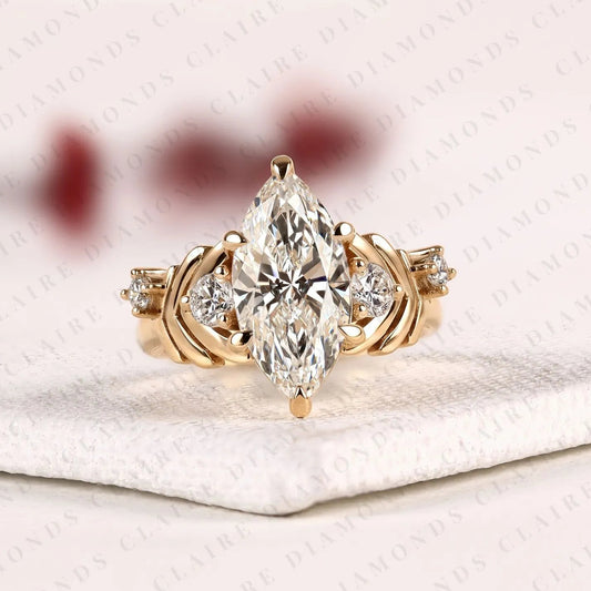 Marquise Cut Moissanite Diamond Engagement Ring With Round Side Stone Diamonds, Vintage Rings Art Deco Vintage Gold Ring Nature Inspired Promise Ring Anniversary Gift for Her.