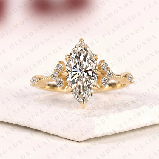 Marquise Lab Grown Diamond Engagement Ring Unique Floral Vintage Inspired Statement Bridal Ring