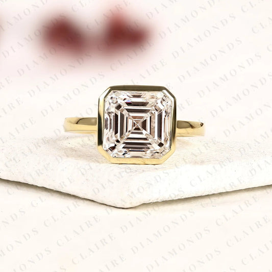 Asscher Cut Lab Grown Diamond Bezel Set Engagement Ring | Modern Solitaire Statement Ring