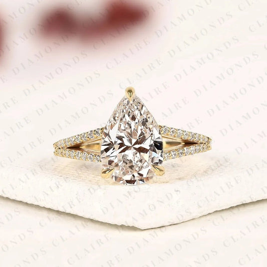 Pear Cut Moissanite Diamond Engagement Ring Split Shank Pave Diamond Ring Bridal Ring