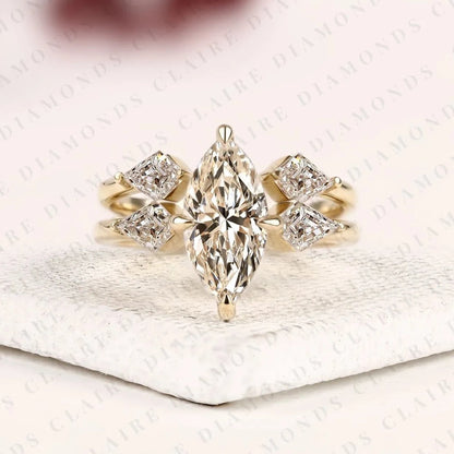 Marquise Cut Lab Grown Diamond Engagement Ring Bridal Set with Kite Cut Three Stone Ring Modern Unique Bridal Jewelry