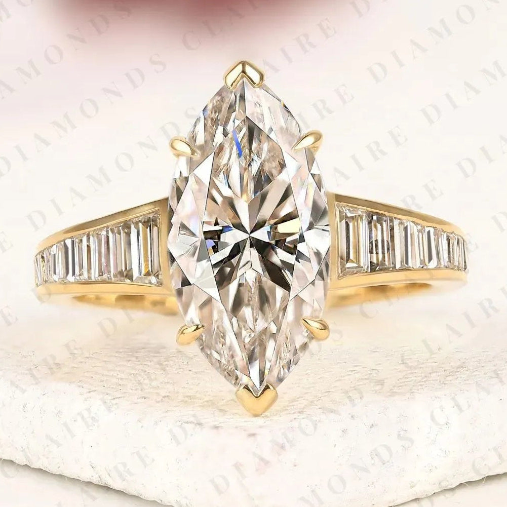 designer marquise lab grown diamond engagement ring with channel set baguette diamonds