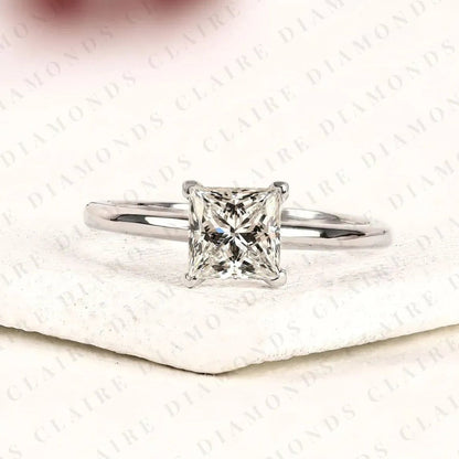 Princess Cut Lab Grown Diamond Solitaire Engagement Ring, Classic Four Prong White Gold Ring, Minimalist Proposal Ring