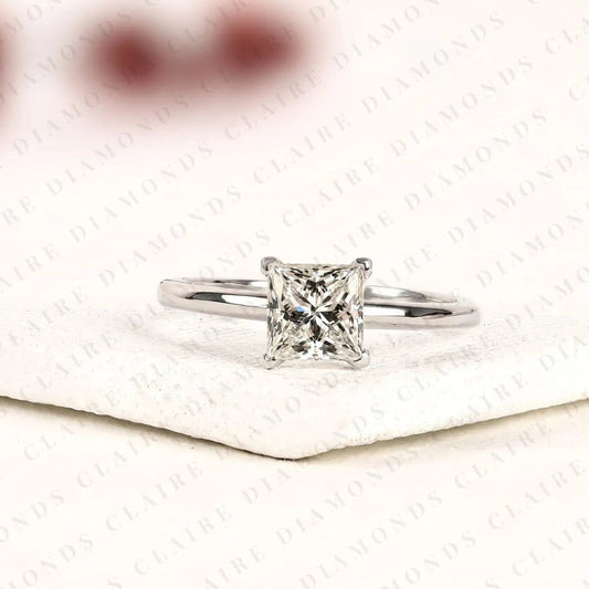 Princess Cut Moissanite Diamond Solitaire Engagement Ring, Classic Four Prong White Gold Ring, Minimalist Proposal Ring